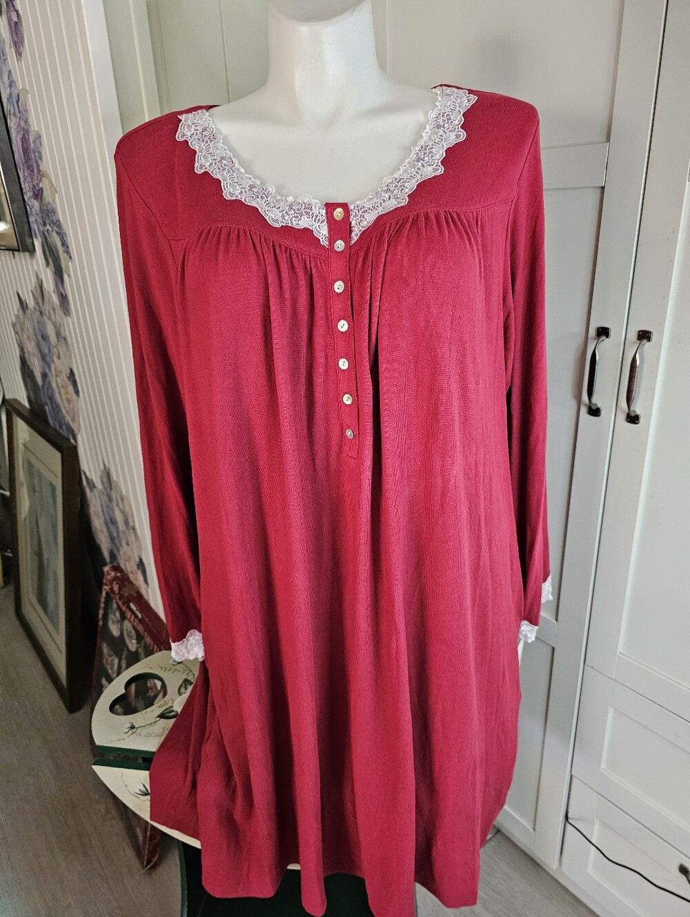 Eileen West 2X Nightgown Berry Pink Lace Long Sleeve Christmas Holiday NWT